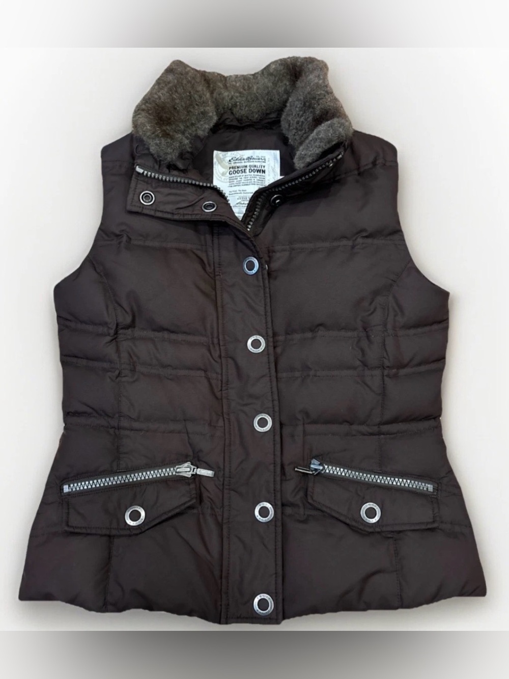 Eddie Bauer Down Vest 700 Goose Brown Removable Faux Fur Collar Size XS